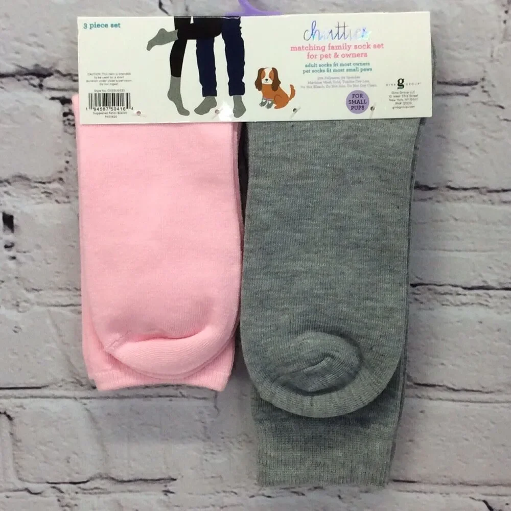 Chatties Matching Sock Set Family Pet & Owner Small Pups Dad Mom Cozy Pink/Gray